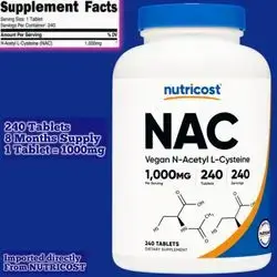 Nutricost N-Acetyl L-Cysteine (NAC), 1000mg per Tablet, 8 Months supply, nac, 240 Tablets nac