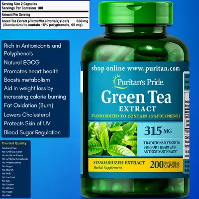Green Tea, Standardized Extract 315mg, Antioxidant Health, Weight Loss, Fat Burner, Insulin Sensitivity, Boosts Metabolism, Heart & Skin & Brain, oxidative stress, EGCG, 200 caps green tea 