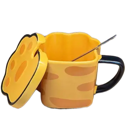 Cartoon Cat Claw Ceramic Cup Irregular Scoop With Lid Cat Coffee Mug