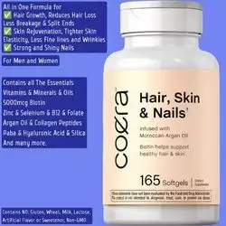 Coera Hair, Skin and Nails Vitamins with Collagen, Biotin & Moroccan Argan Oil, Zinc, Folate, Selenium, hair skin nails, Men and Women, hair growth and Thickness, 165 Softgels