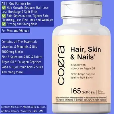 Coera Hair, Skin and Nails Vitamins with Collagen, Biotin & Moroccan Argan Oil, Zinc, Folate, Selenium, hair skin nails, Men and Women, hair growth and Thickness, 165 Softgels