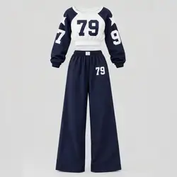 2pcs Teen Girls Set Sweatshirt Number&Pentagram Print+Wide Leg Pants - 14 Years