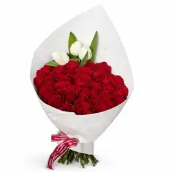 Red flower bouquet of 30 roses and 3 tulip