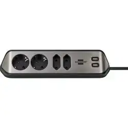 Corner Socket Strip 4 Way + 2 Usb Black-Silver