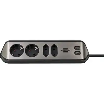Corner Socket Strip 4 Way + 2 Usb Black-Silver