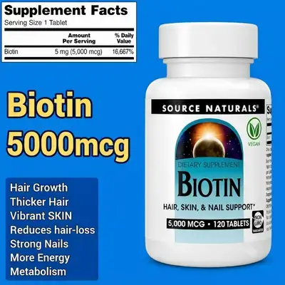 Ultra-Potent Biotin, Biotin 5000 mcg, Amino Acid Metabolism, Keratin Production, Hair Growth, Youthful Skin, Shiny Nails, Energy Production, Metabolism, 120 Tablets Biotin 