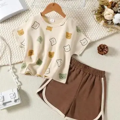 SHEIN Kids Bear Print Tee & Shorts Set - 6 Years