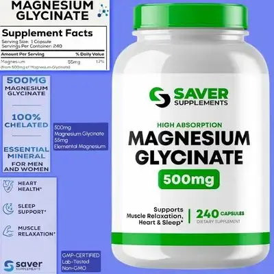 Magnesium Glycinate, magnesium supplement, magnesium glycinate 500mg, 55mg Elemental magnesium, magnesium glycinate , Supports +300 enzyme functions, muscles, bones, sleep, relaxation, Heart, and more, 240 Caps Magnesium