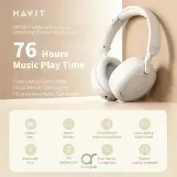 Havit H655BT Bluetooth Headphones - Hybrid ANC -35dB, 76H Playtime, Low Latency Game Mode, Ambient Sound, Multi-Mic ENC, Dual Connect, Aux - Beige