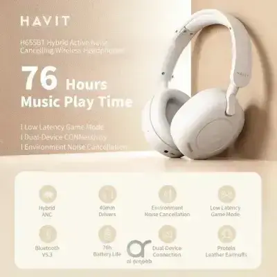 Havit H655BT Bluetooth Headphones - Hybrid ANC -35dB, 76H Playtime, Low Latency Game Mode, Ambient Sound, Multi-Mic ENC, Dual Connect, Aux - Beige