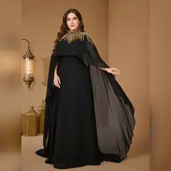 SUPGIR - Plus-Size High-Neck Sequined Cape Sleeve Waist-Cinching Chiffon Elegant Dress
Size : XL
