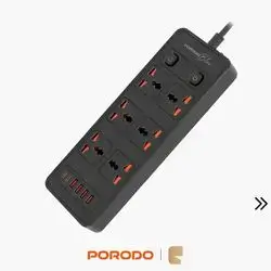 Porodo Blue 6 AC Dual Switch Power Strip Heavy-Duty Universal Socket Extension - Black
