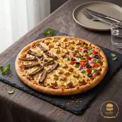 Meat, Chicken, Vegetable, And Cheddar Cheese Pizza