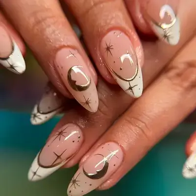 24pcs Almond Shaped False Nails, Fashionable Minimalist White Edge Star and Moon Design