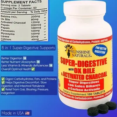 Super Digestive, Ox Bile & Activated Charcoal & Enzymes, Bloating Relief, Gut Cleanse, Nutrient Absorption, Anti Gas, Promotes Overall Wellness, Easily digest proteins & carbohydrates & fats, 100 Tabs digestive enzymes