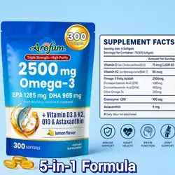 Omega 3, Fish Oil, Vitamin D3 K2, Astaxanthin, Coenzyme Q10, 5 in 1, Lemon Flavored Burpless, High EPA & DHA, rTG Formula with CoQ10 & Astaxanthin, 300 Softgels omega 3