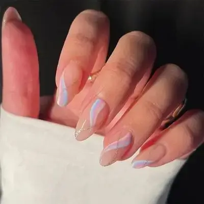 24pcs Nude Pink Fake Nails, Blue Pink Purple Wave Line Press On Nails
