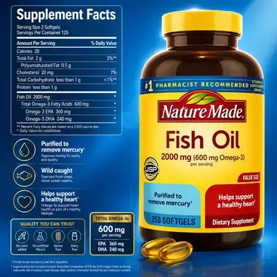 Fish Oil Omega 3 Supplements, 2000mg, Omega-3 Fish Oil for Healthy Heart, Brain, muscles, cholesterol, joints, arteries, skin, hair, 250 Softgels omega3 