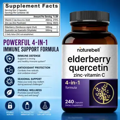 NatureBell, Elderberry, Vitamin C, Zinc Picolinate, Quercetin, 4-in-1 Advanced Formula, Sambucus Black Elderberry, Immunity, Seasonal Allergy, Histamine, Skin, Healthy Aging, Men & Women, 240 Caps Elderberry