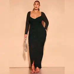 SHEIN BAE Plus Size Women's Long Sleeve Ruffle Splice Bodycon Dress - 2XL