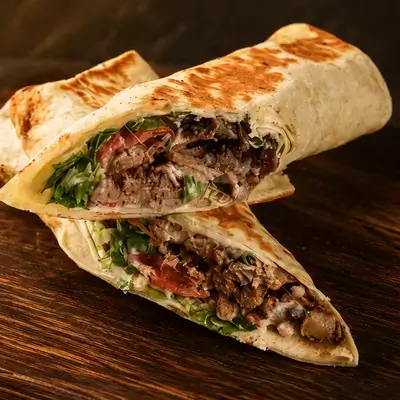 Meat Shawarma Sandwich with Lebanese Bread.