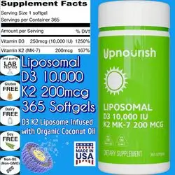 Liposomal D3 K2, Vitamin D3 10000 IU and K2 MK-7 200 mcg, Vitamin D3, vitamin k2, d3 k2, Made with Organic Coconut Oil, 365 Softgels D3 K2