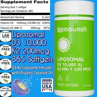 Liposomal D3 K2, Vitamin D3 10000 IU and K2 MK-7 200 mcg, Vitamin D3, vitamin k2, d3 k2, Made with Organic Coconut Oil, 365 Softgels D3 K2