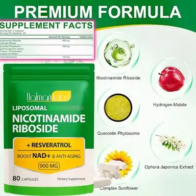 NAD Supplement, Liposomal Nicotinamide Riboside 900mg, Resveratrol, Quercetin, Quercetin Phytosome, High Purity NAD for Anti-Aging, Longevity, Beauty, Energy, Cellular Health, Stamina & Healthy Aging - Strength, 80 Capsules nad