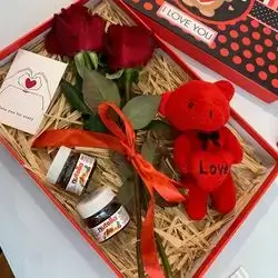 Box Of Roses, Sweets And A Teddy Bear