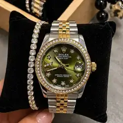 Rolex-Inspired Emerald Diamond Set (Watch + Zircon Bracelet)