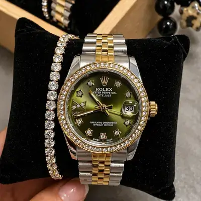 Rolex-Inspired Emerald Diamond Set (Watch + Zircon Bracelet)