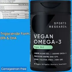 Sports Research, Omega 3 Algae Oil, 1020mg, Vegan Omega 3, Omega 3, Triglyceride Form EPA & DHA, Carrageenan-Free, 60 Count Plantgels™ Omega 3