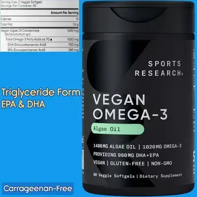 Sports Research, Omega 3 Algae Oil, 1020mg, Vegan Omega 3, Omega 3, Triglyceride Form EPA & DHA, Carrageenan-Free, 60 Count Plantgels™ Omega 3
