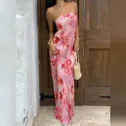 Sunnyshic Women's Pink Ruched Floral Print Backless Bowknot Long Dress - XS