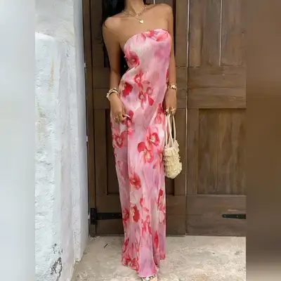Sunnyshic Women's Pink Ruched Floral Print Backless Bowknot Long Dress - XS