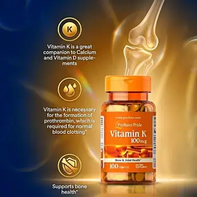 Puritan's Pride Premium Vitamin K 100mcg, Vitamin k, for Bone, Joint, and Blood Clotting Health Support, 100 Day Supply, 100 Tablets
