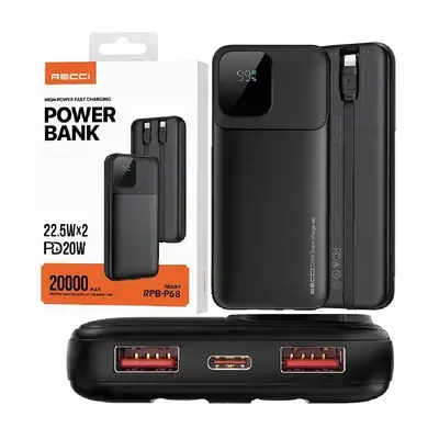 Recci 20000mAh Dual-Cable Power Bank - Black