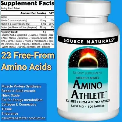 Amino Acids, 23 Free-From amino acids, Supports muscle recovery & growth, energy production, protein synthesis, hypertrophy, 1000mg per Tablet, Vitamin C & B6, 100 Tablets amino acids 