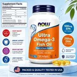NOW Ultra Omega 3, Molecularly Distilled, (Enteric Coated) , EPA 500mg and DHA 250mg per Softgel, Highest Quality, Ultra Pure Omega-3, omega3, 180 Softgels omega 3