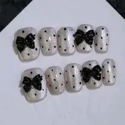 100% Handmade Press On Nails Vintage Polka Dots Nude Khaki Cat'S Eye Manual Nails