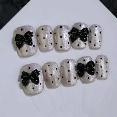 100% Handmade Press On Nails Vintage Polka Dots Nude Khaki Cat'S Eye Manual Nails