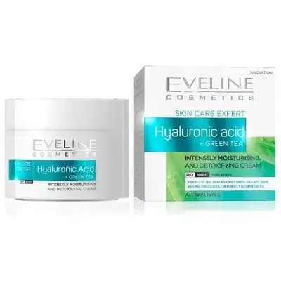 Eveline Cosmetics Skin Care Expert Hyaluronic Acid + Green Tea Cream - helps delay signs of aging, 50 ml
