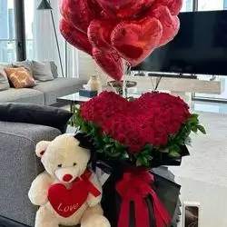 A Bouquet Of Red Roses, A Teddy Bear, And15  Red Heart-shaped Balloons