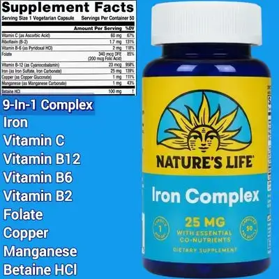 Iron Complex, Iron sulfate, iron Carbonate, with Vitamin C B12 B6 B2 Folate Copper Manganese Betaine HCl, essential mineral, 25mg, iron, 50 Capsules iron 