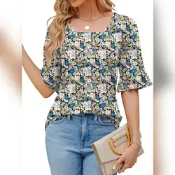 Breezaya Ditsy Floral Print Square Neck Short Sleeve Blouse - XS