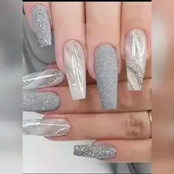 24pcs Long Coffin Shape Marble Texture Glitter 3d Press On Nails Set For Party, Dance, And Daily Wear Nail Supplies