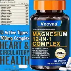 Magnesium Complex, 700mg, 12 in 1, Magnesium Glycinate, Citrate, Malate, Oxide, magnesium glycinate, Taurate & More, High Absorption, Muscle, Heart, Sleep, stress, Cortisol, Bone, Nerve Support, 120 Caps magnesium Complex