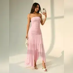 SHEIN PETITE Women's Asymmetrical Hem Ruffle Strapless Dress - Petite Small