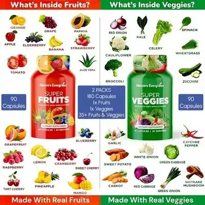 Fruits and Veggies Superfood - Nature Fruits and Vegetables, super Greens, Non GMO, Soy Free, Superfood Vitamins & Minerals Nutritional Balance - (Total 180 Capsules - Pack of 2) Made in USA