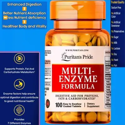 Multi-Enzyme Formula, Digestive Aid for Proteins, Fats, Carbohydrates, Digestion and Healthy Gut, better nutrient absorption & less vitamin & Minerals deficiency, less gas & Bloating & Discomfort after meals, 100 Enzyme Tablets